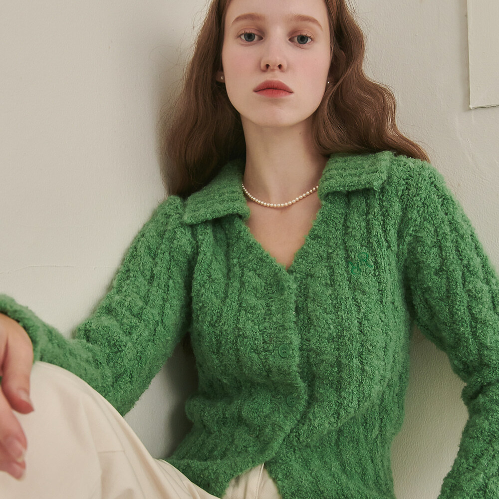 RONRON Collar Cable Boucle Alpaca Knit Cardigan Green