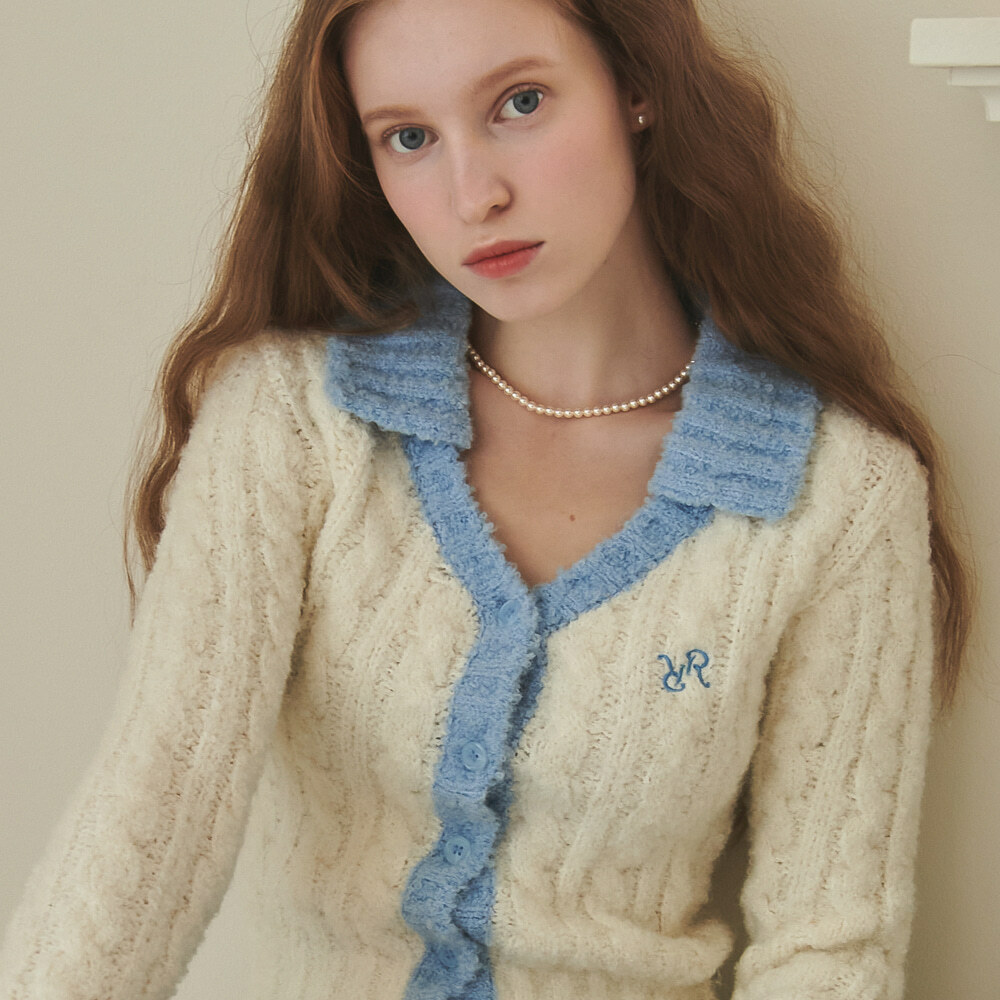 RONRON Collar Cable Boucle Alpaca Knit Cardigan Ivory Blue