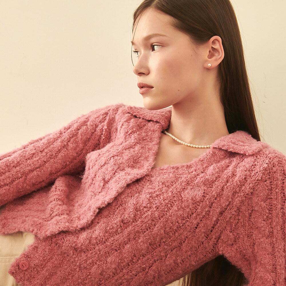 RONRON Collar Cable Boucle Alpaca Knit Cardigan Pink