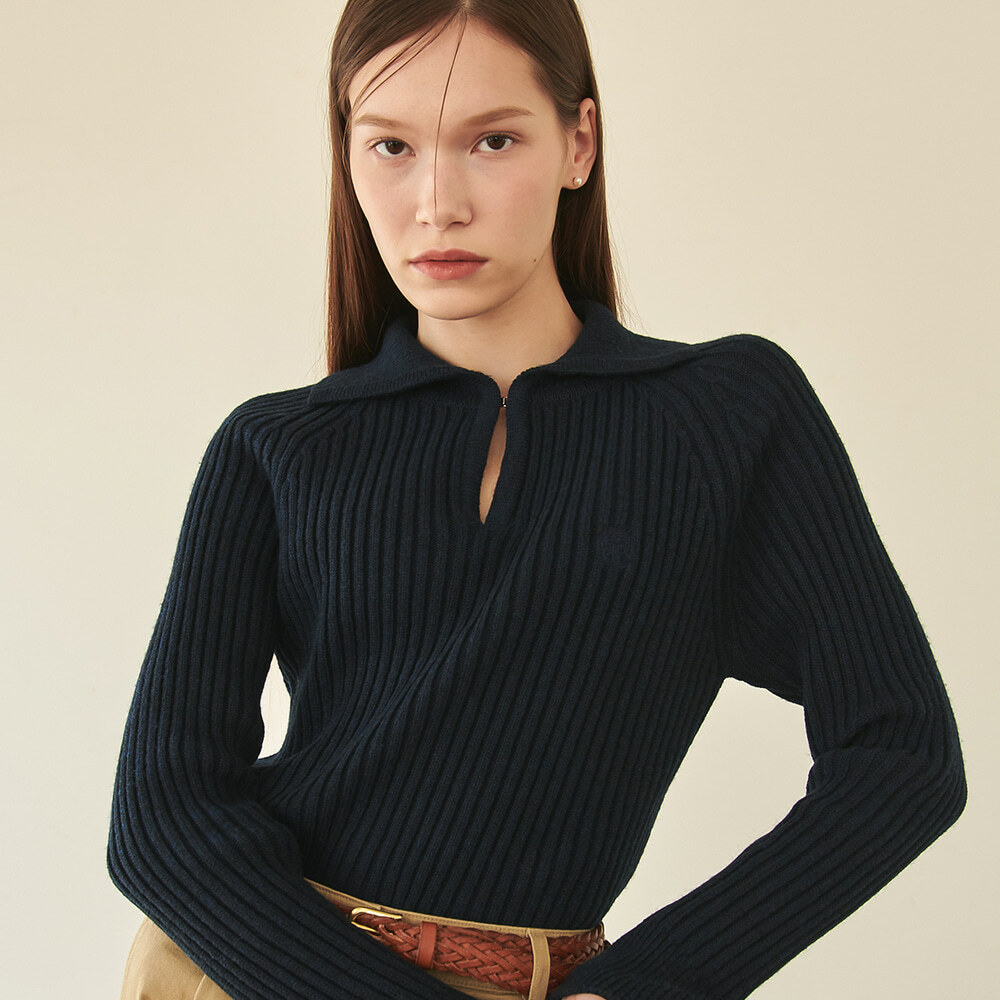 RONRON Raglan Collar Hook Cashlike Knit Navy