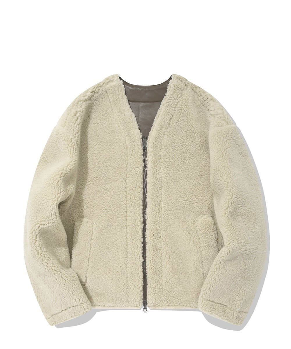 COVERNAT 雙面外套 無領 夾克 毛毛外套 皮外套 象牙色