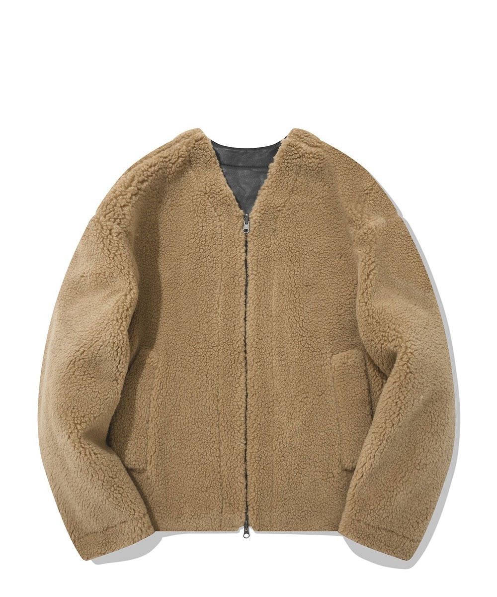 COVERNAT 雙面外套 無領 夾克 毛毛外套 皮外套 咖色