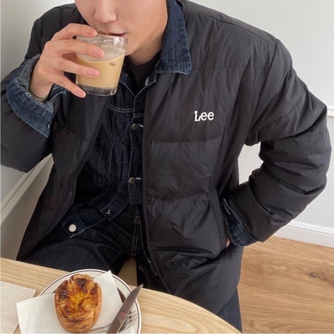 LEE 🇰🇷 刺繡 橫線 羽絨外套 無領 奶茶 米 韓國限定 / 現貨✨