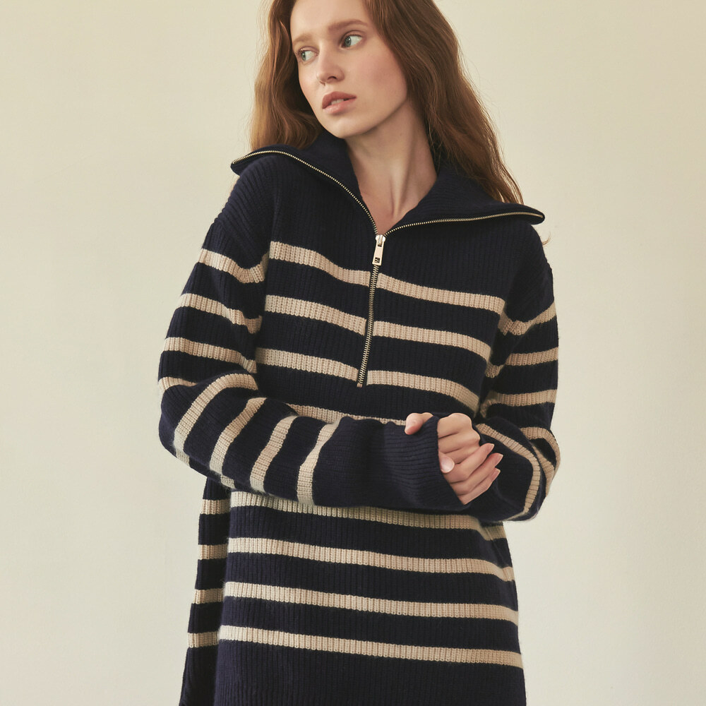 RONRON Long Half Zip Up Raccoon Wool Knit Ecru Navy Stripe