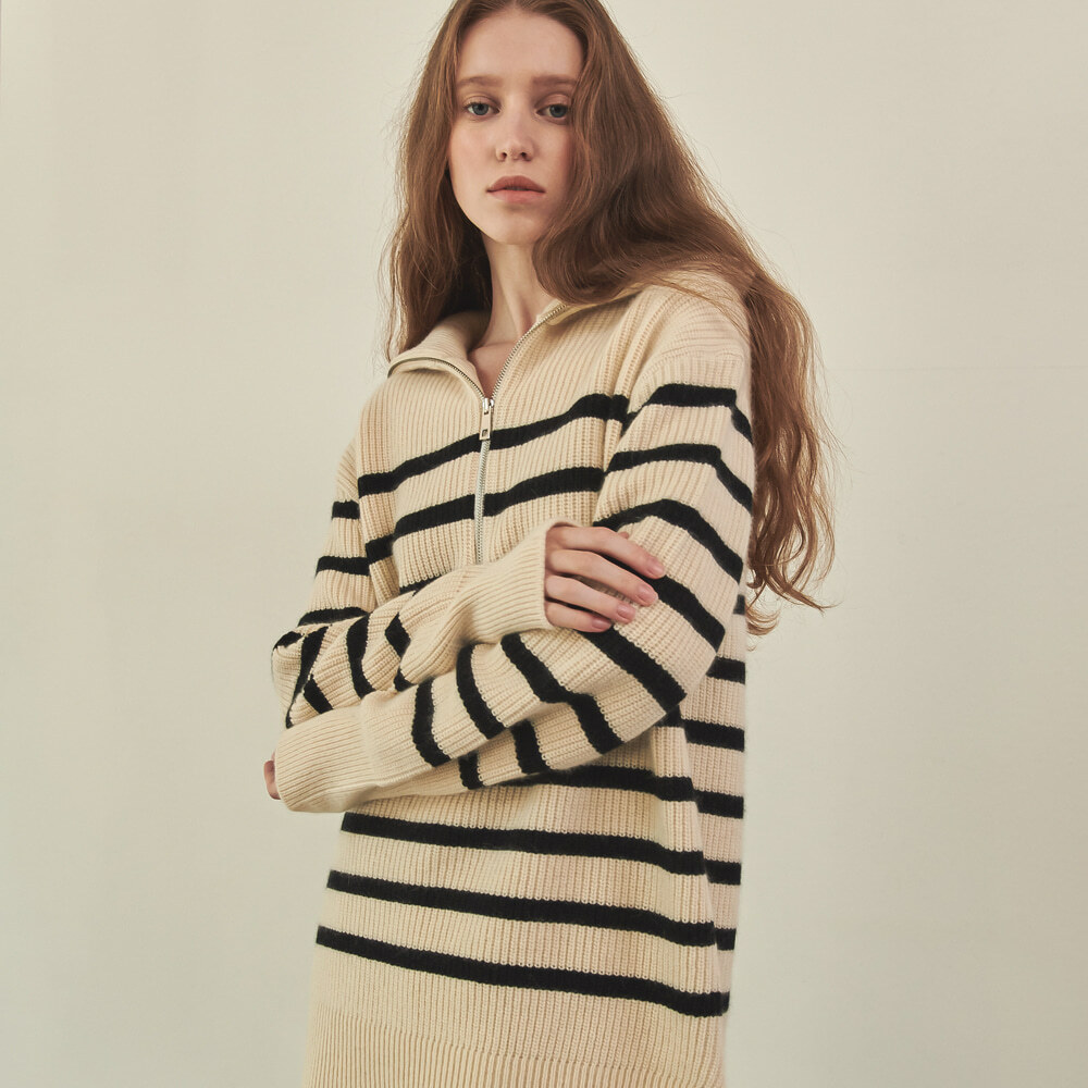 RONRON Long Half Zip Up Raccoon Wool Knit Black Stripe