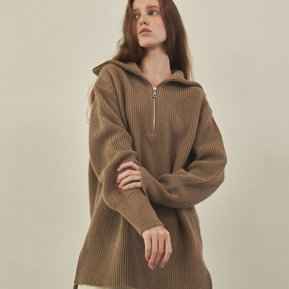 RONRON Long Half Zip Up Raccoon Wool Knit Brown