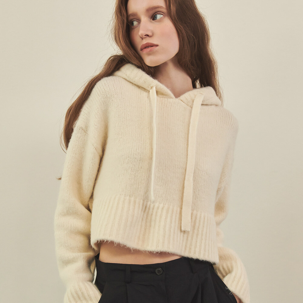 RONRON Crop Hoodie Alpaca Knit IVORY