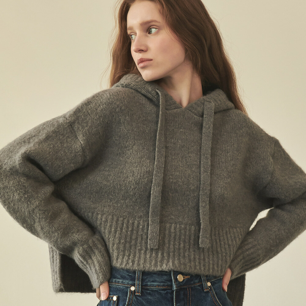 RONRON Crop Hoodie Alpaca Knit GREY
