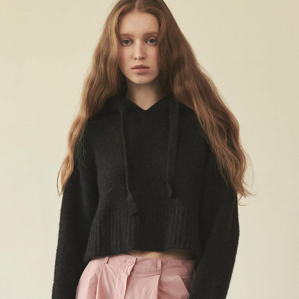 RONRON Crop Hoodie Alpaca Knit BLACK