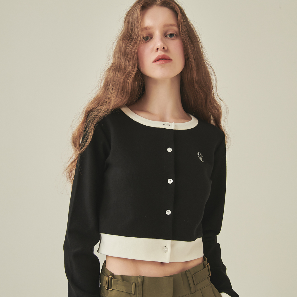 RONRON SOFT TERRY CROP CARDIGAN BLACK IVORY