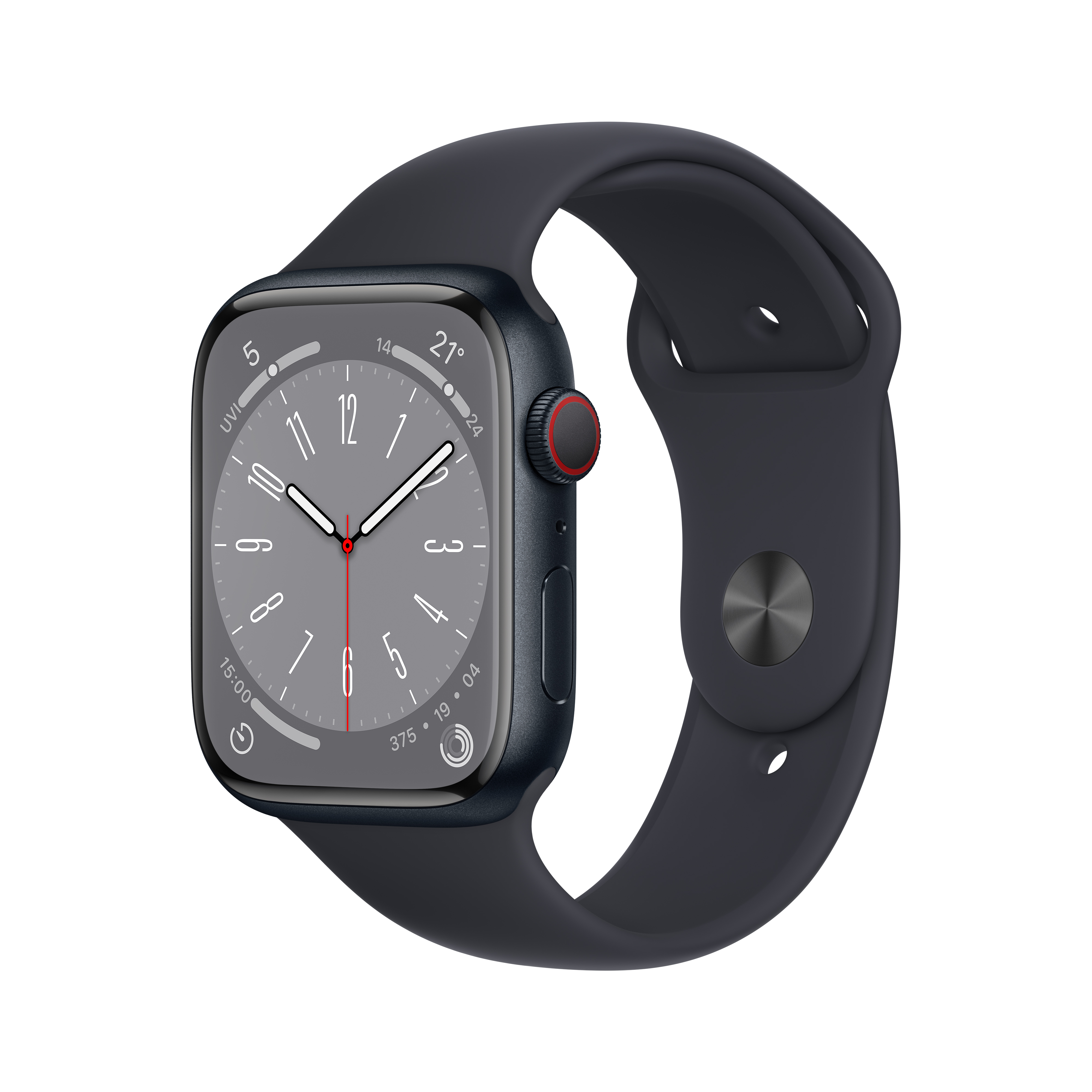 Apple Watch Series 8 (45 公釐) 午夜色鋁金屬錶殼；午夜色運動型錶帶