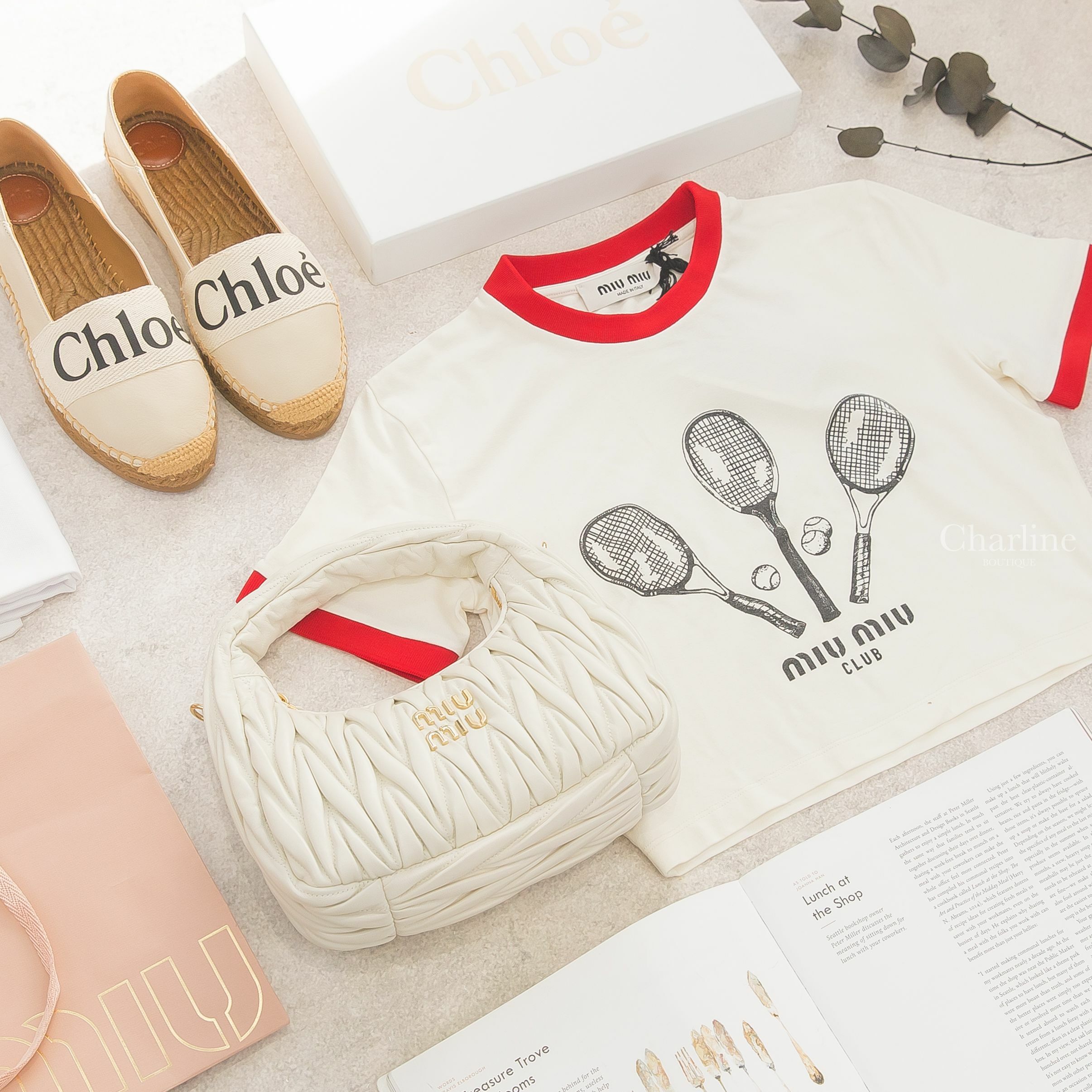 Chloe Woody Flat Espadrille 白底棉質黑Logo牛皮草編鞋,Miu Miu Wander Matelassé Mini Hobo Bag 白色抓皺皮革金字Logo手提肩背包-Charline Boutique 精品代購