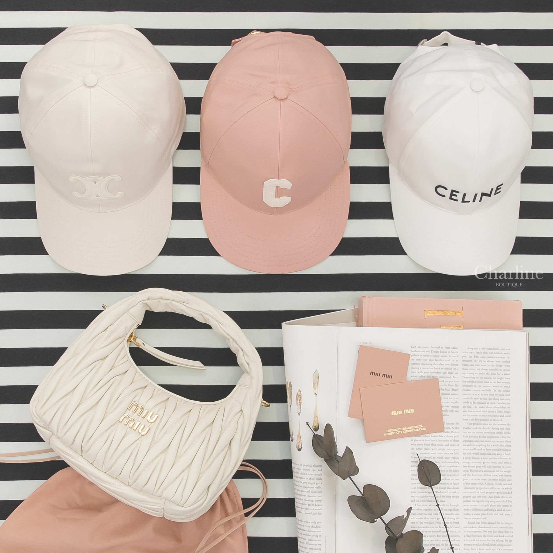 Miu Miu 白色抓皺皮革金字Logo手提肩背包,Celine 復古粉色刺繡白色C棉質棒球帽,奶白色刺繡白色凱旋門棉質棒球帽,白色刺繡黑字棉質棒球帽-Charline Boutique 精品代購