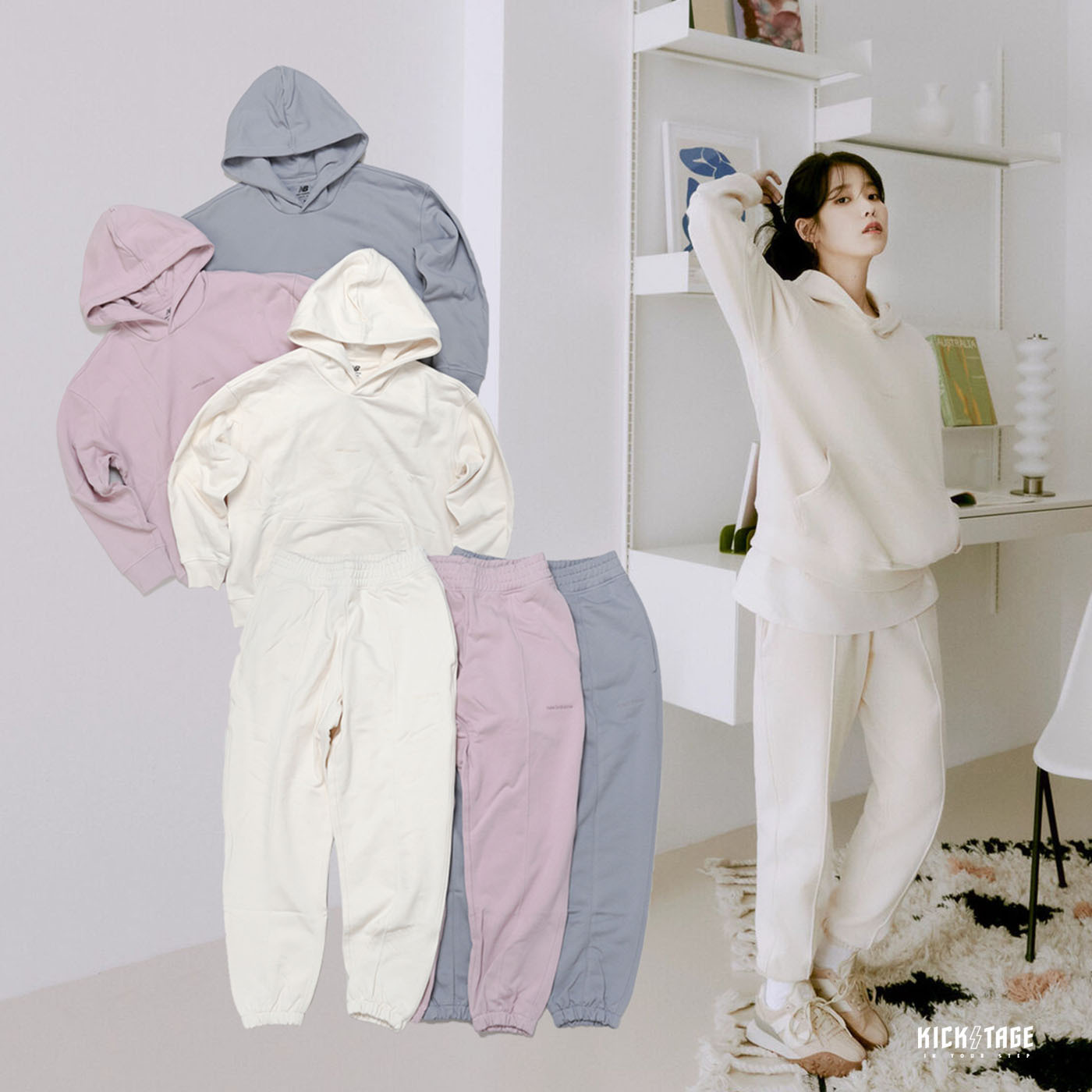 **特價商品售出不退換**女款 NEW BALANCE ATH SET IU同款 米杏色 玫瑰粉 霧灰藍 刺繡LOGO 毛巾底 套裝 帽T【AWT23554】 / 前中線棉褲【AWP23553】NBT NBSUIT