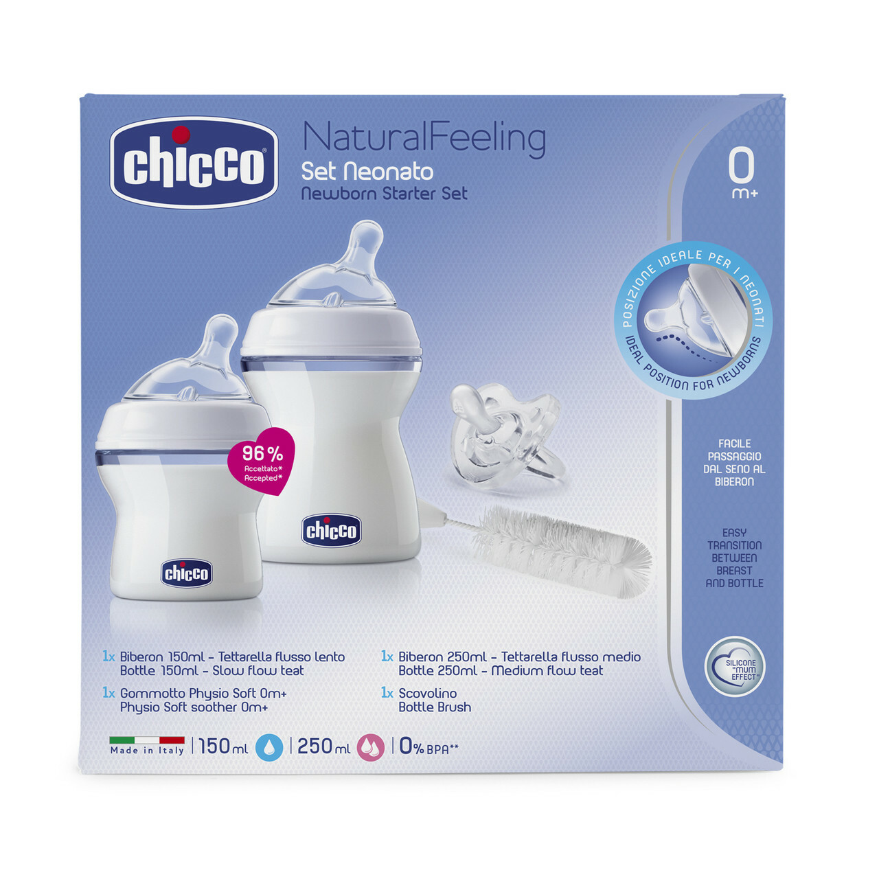 Chicco 新生兒  Natural Feeling 系列  奶瓶 奶嘴 奶刷 新生兒入門套裝  2個奶瓶 1個奶嘴 1個奶刷(此為平行進口產品)