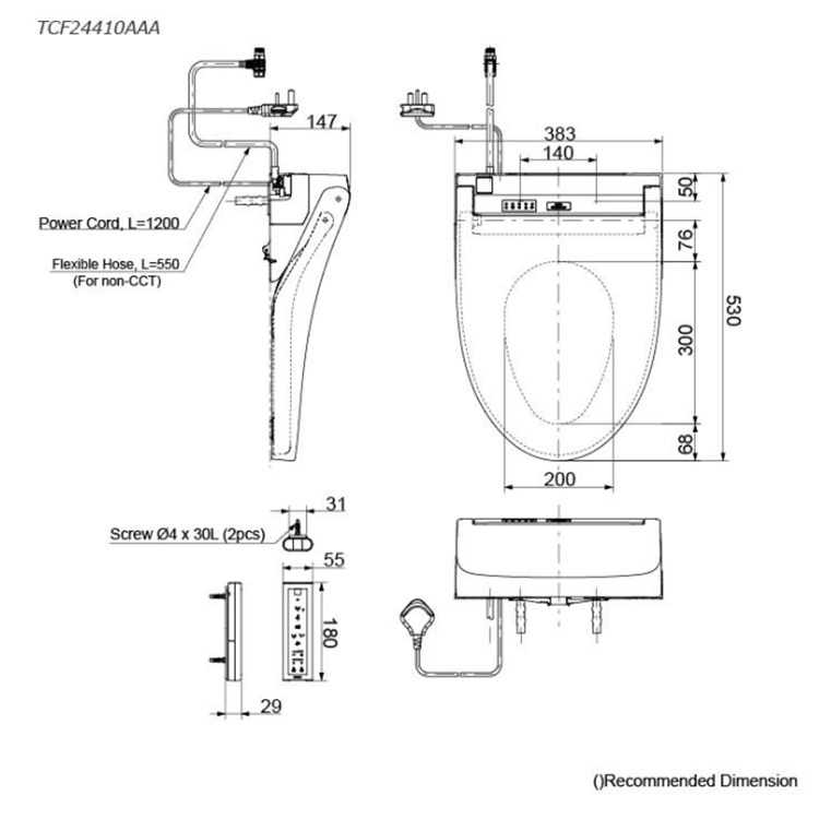 Toto TCF24410AAA Elongated Multi-function Washlet with wireless remote (AC220V)