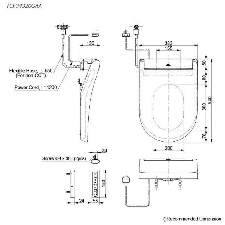 Toto TCF34320GAA D-Shape Multi-function Washlet with wireless remote (AC220V)