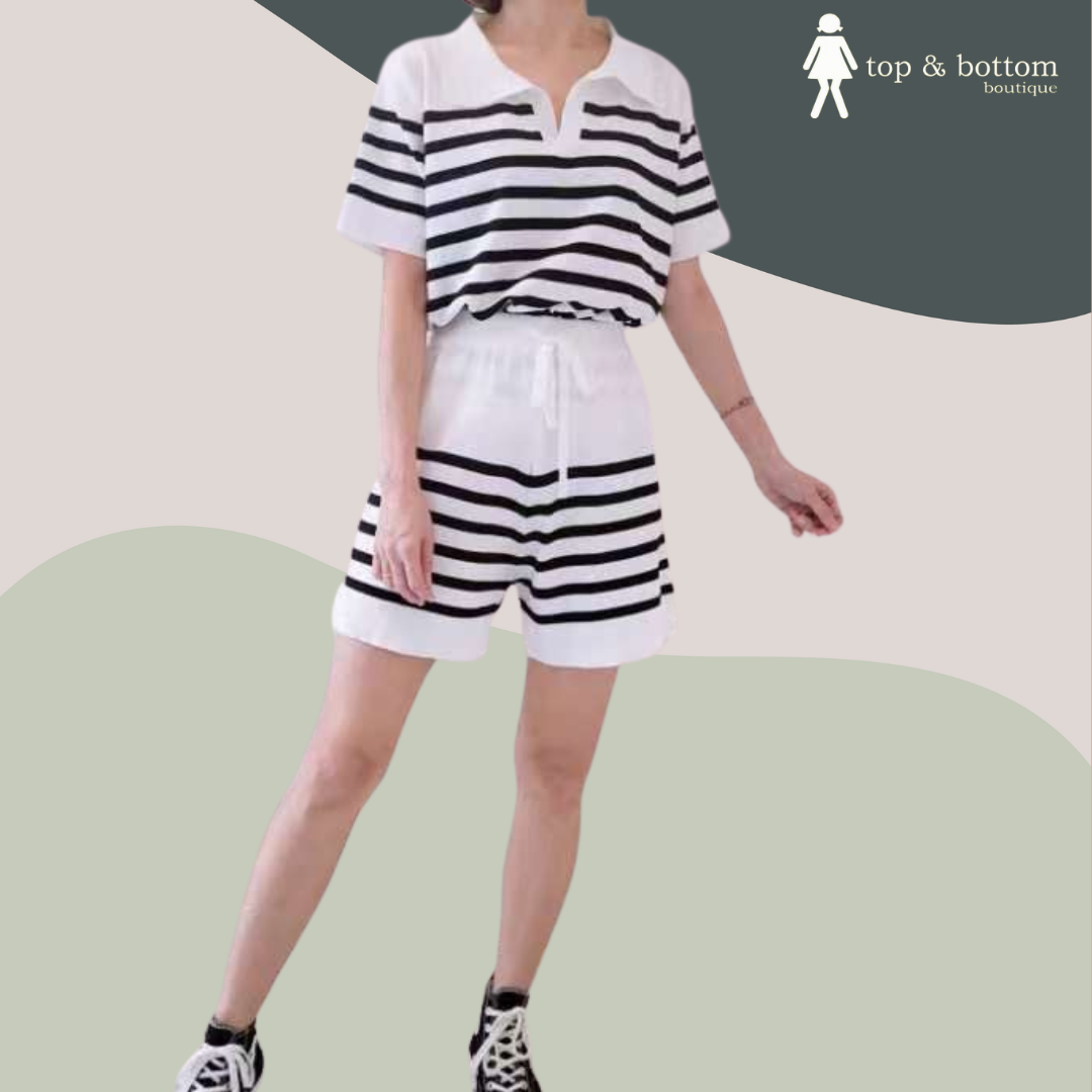 STRIPED KNIT BLOUSE & SHORTS SET SUIT (2PCS)