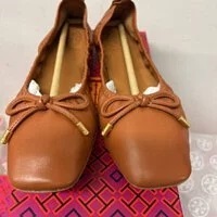 [S] TORY BURCH SQUARE TOE BOW BALLET NAPPA LEATHER,AGED CAMELLO, 88431-268 (STB194)
