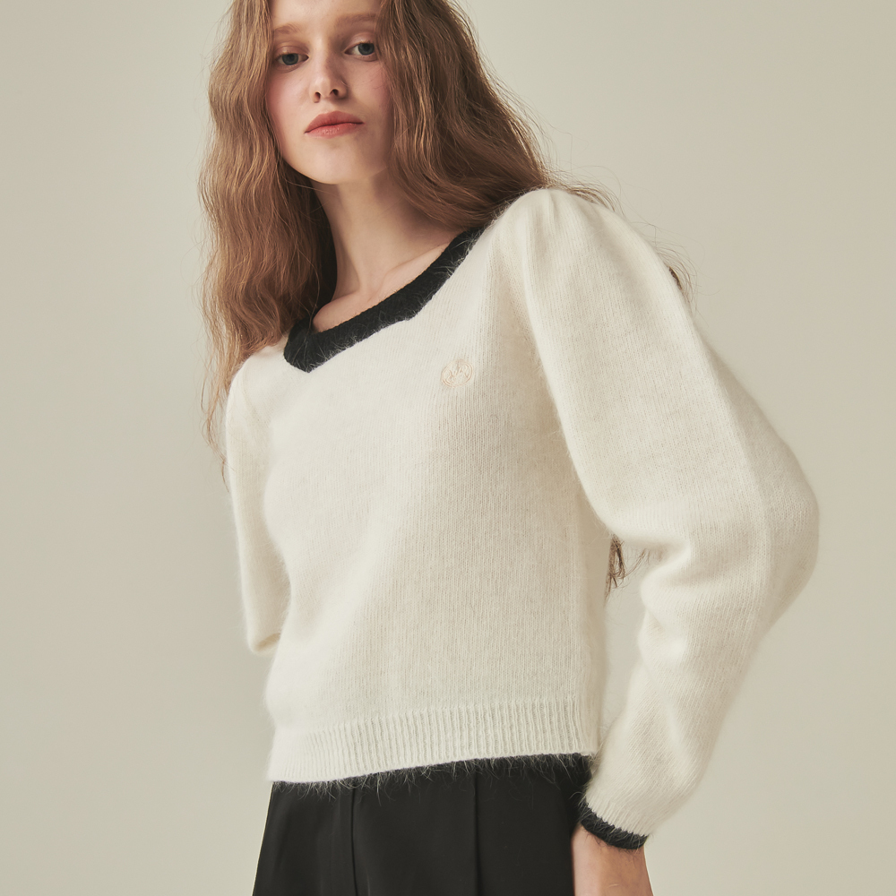 RONRON SQUARE NECK PUFF ANGORA KNIT IVORY