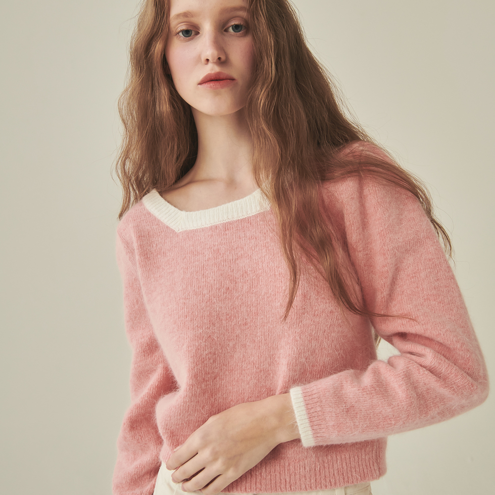 RONRON SQUARE NECK PUFF ANGORA KNIT PINK