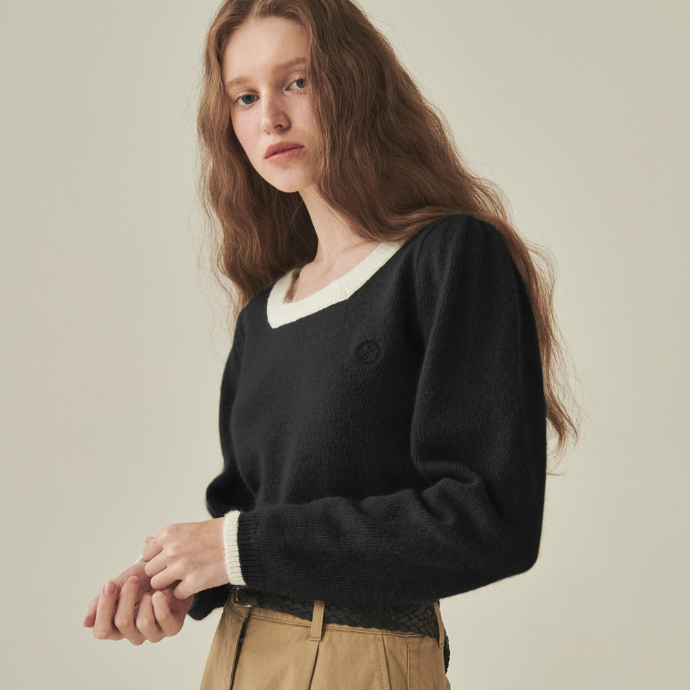 RONRON SQUARE NECK PUFF ANGORA KNIT BLACK