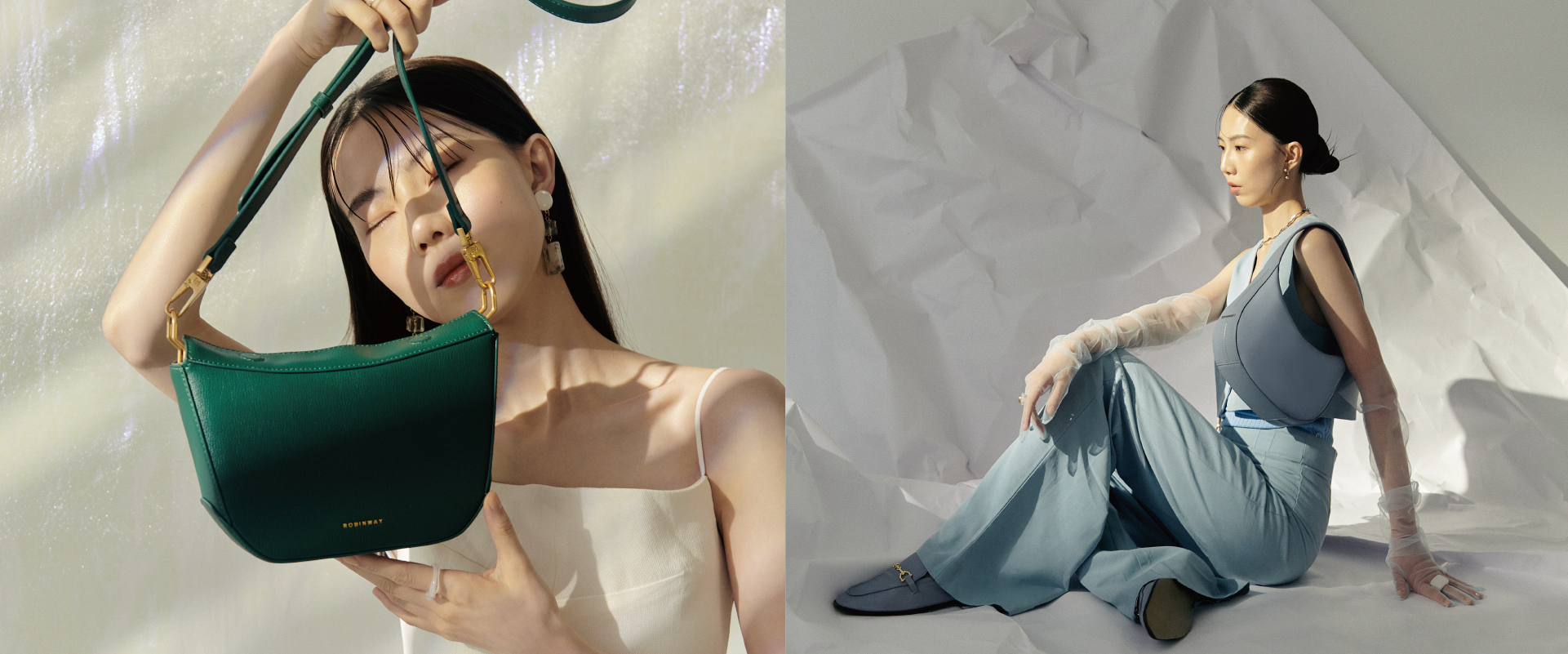 煙雨漫日斜背包中的輕透寶石綠、注入在午後森林肩背包中的忘憂灰藍