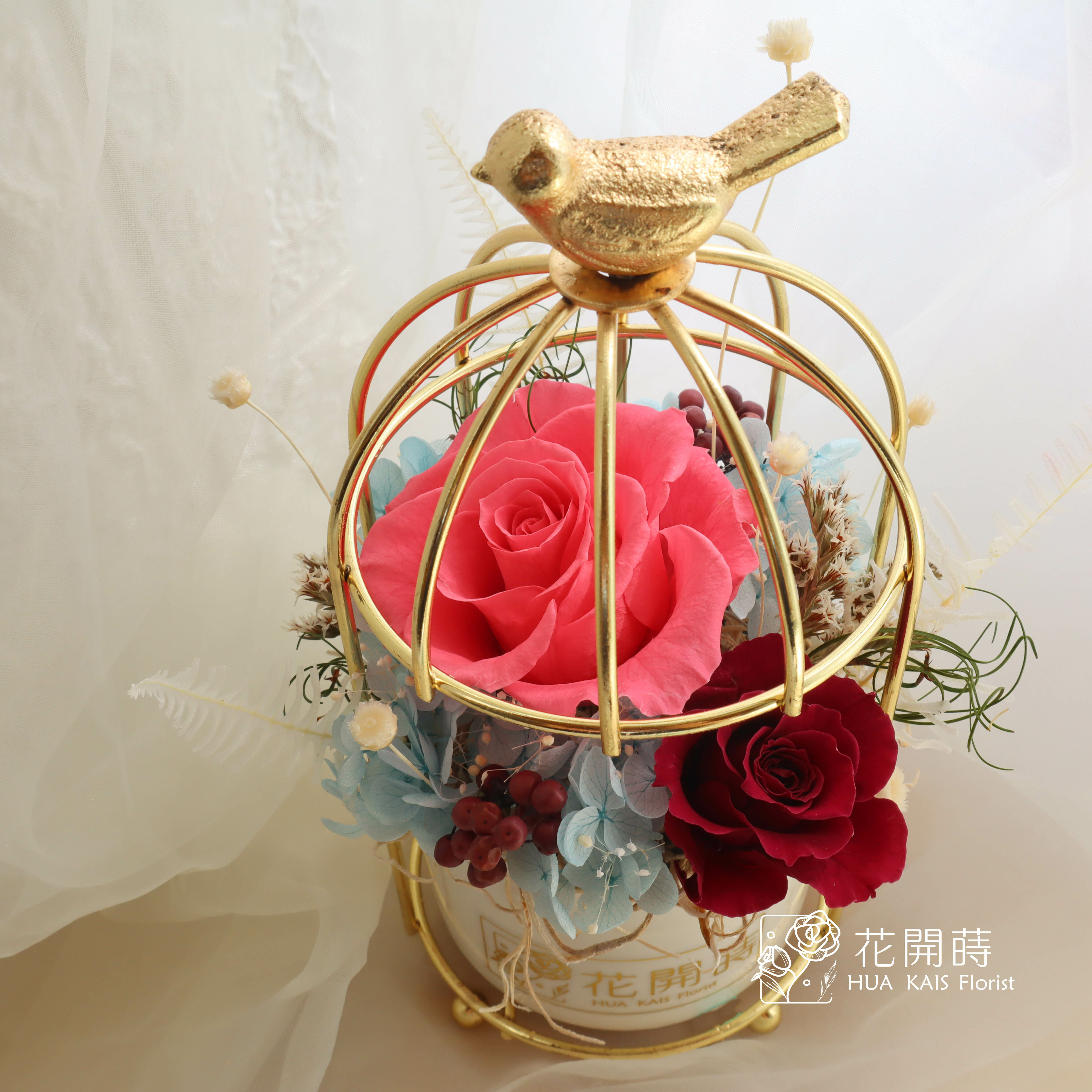 鳥籠造型桌花-淡雅紫|開幕賀禮|母親節贈禮|情人節贈禮|永生花禮