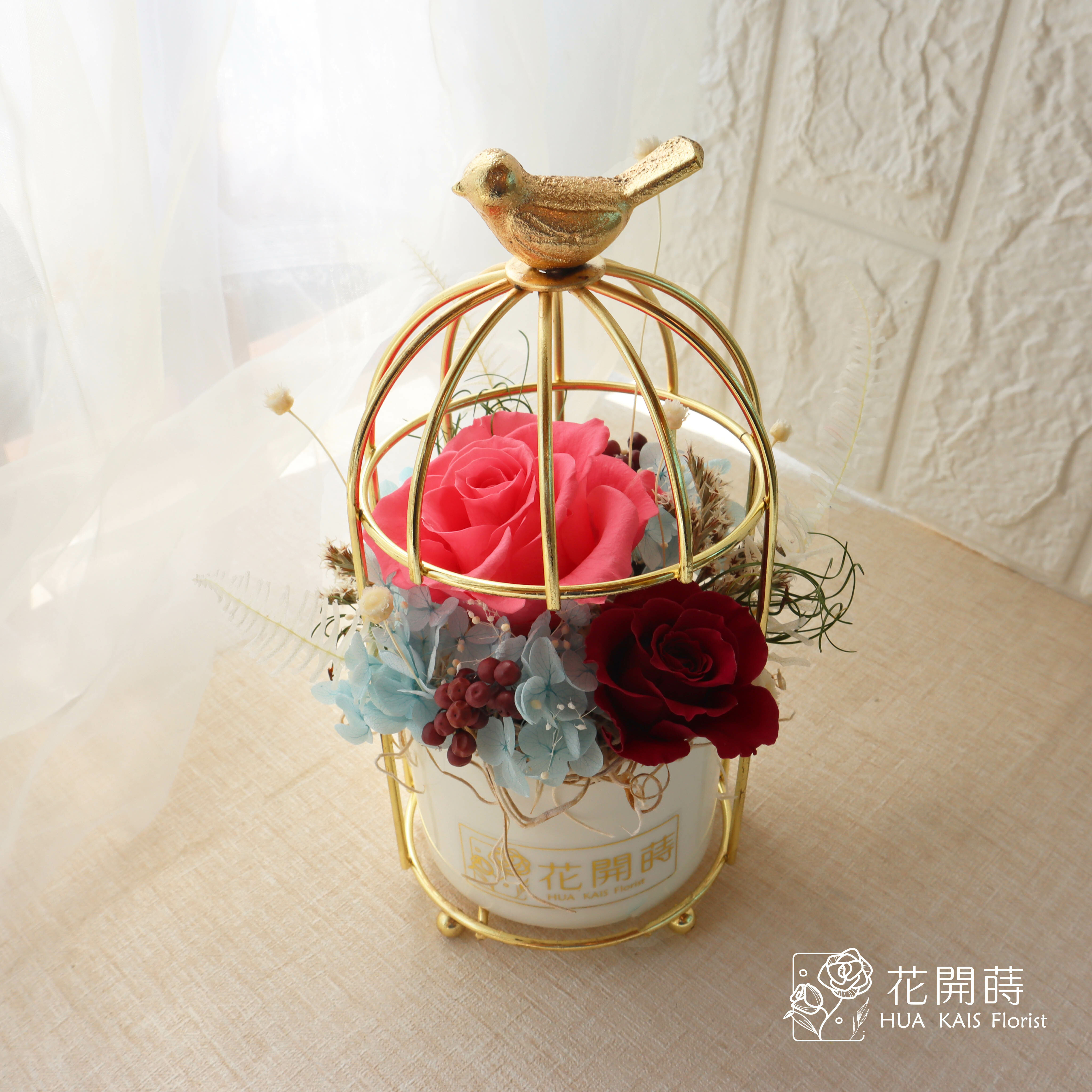 鳥籠造型桌花-淡雅紫|開幕賀禮|母親節贈禮|情人節贈禮|永生花禮