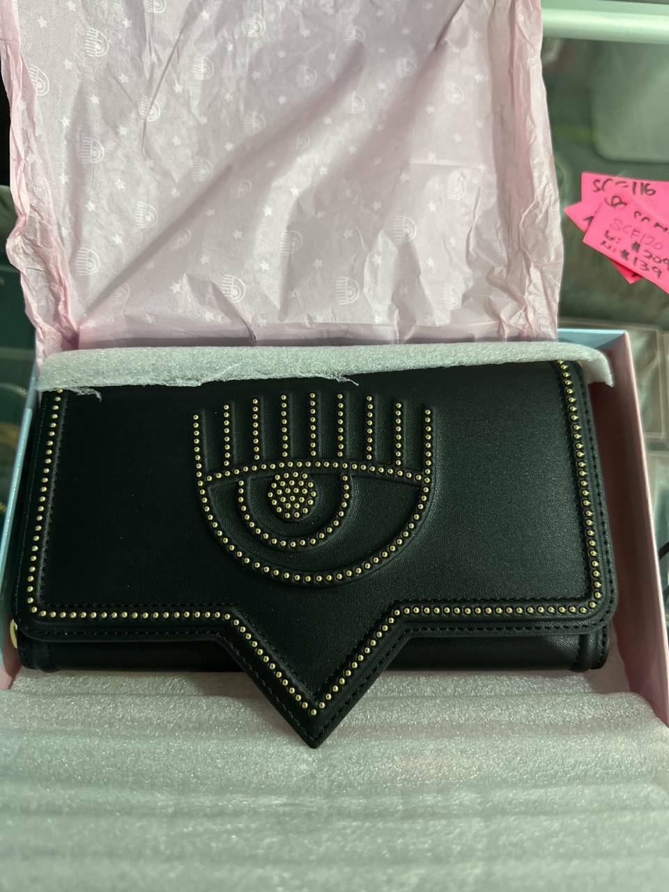 [S] CHIARA FERRAGNI ZS518PL9 EYELIKE STUDS WALLET WITH SHOULDER STRAP,BLACK, 8052672318374 (SCF126)