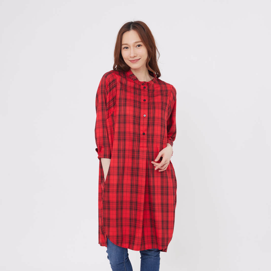 Katy亨利領細格長版襯衫洋裝/紅格紋