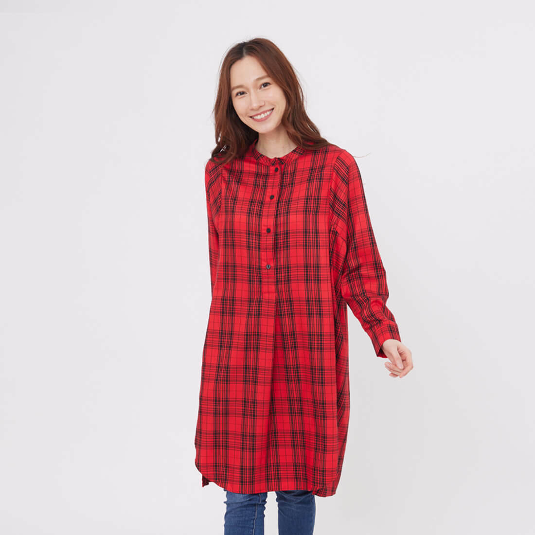 Katy亨利領細格長版襯衫洋裝/紅格紋