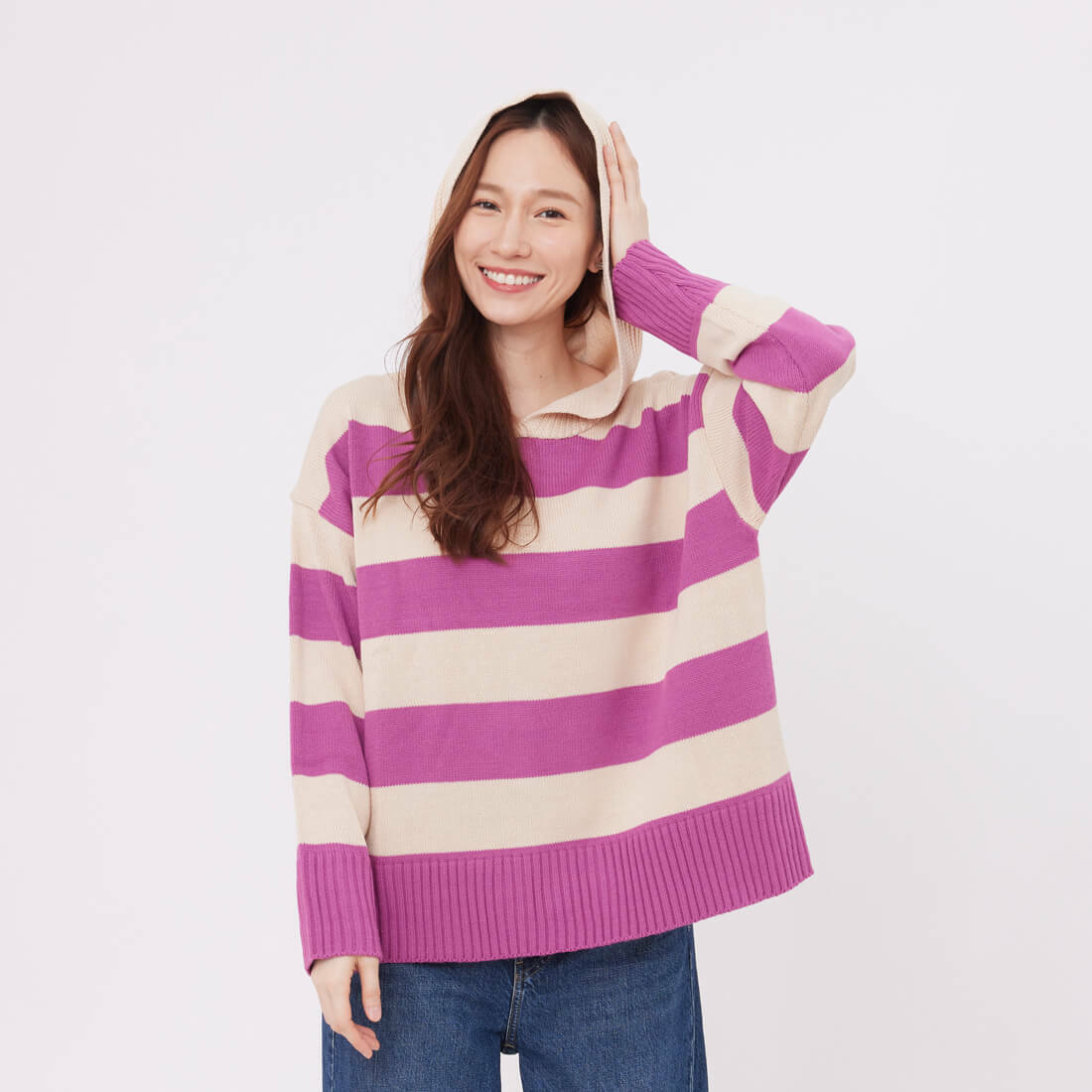 Freda粗條紋連帽針織上衣/ 桃粉