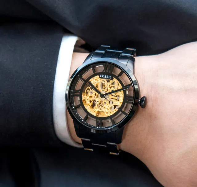 萬年鐘錶 - Fossil     休閒時尚全黑機械自動男錶 ME3197  錶徑44MM