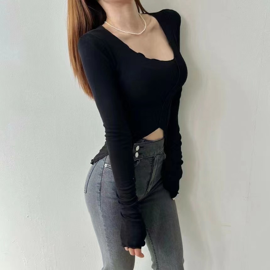 墊肩大U領棉質上衣(白/灰/黑/粉)