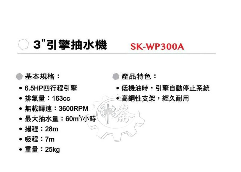＊中崙五金【附發票】SHINKOMI 型鋼力 3吋 四行程引擎抽水機 SK-WP300A