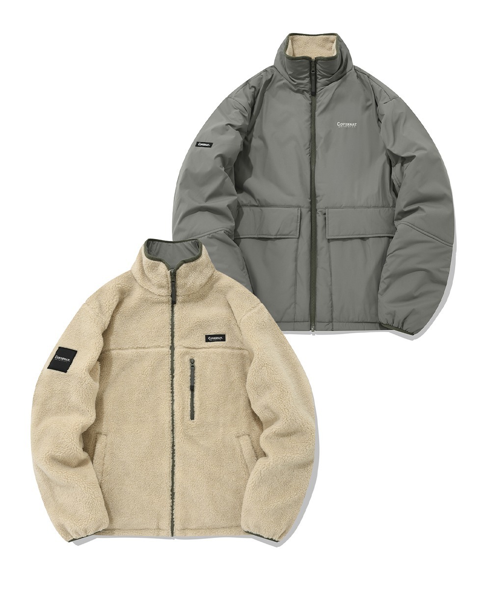 COVERNAT 雙面 無帽 羊羔絨 外套 夾克 米/灰綠色