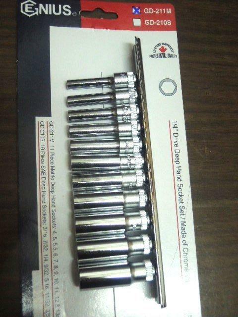 ＊中崙五金【附發票】GENIUS 專業級 2分 1/4 加長手動套筒組 加長套筒 六角套筒 11件組 GD-211M