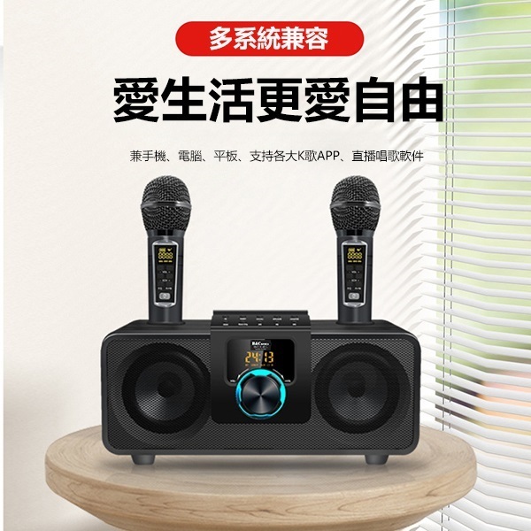 Korea B&C portable dual wireless microphone K song audio speaker all-in-one machine wireless bluetooth family karaoke set (B0213)