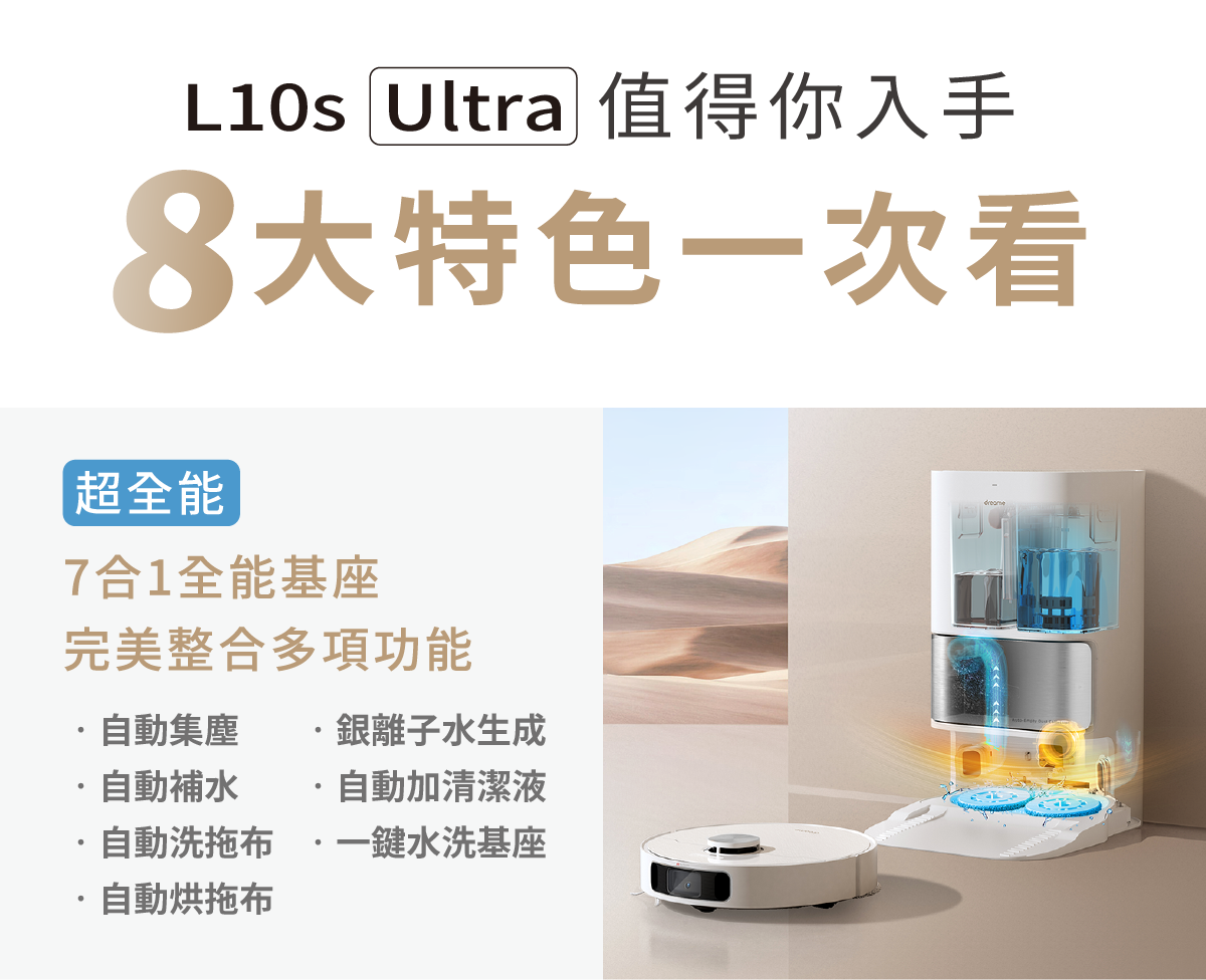 追覓dreame L10s Ultra 7合1全能掃拖旗艦機八大特色自動集塵自動補水自動烘托布銀離子水生成自動加清潔液一鍵水洗基座