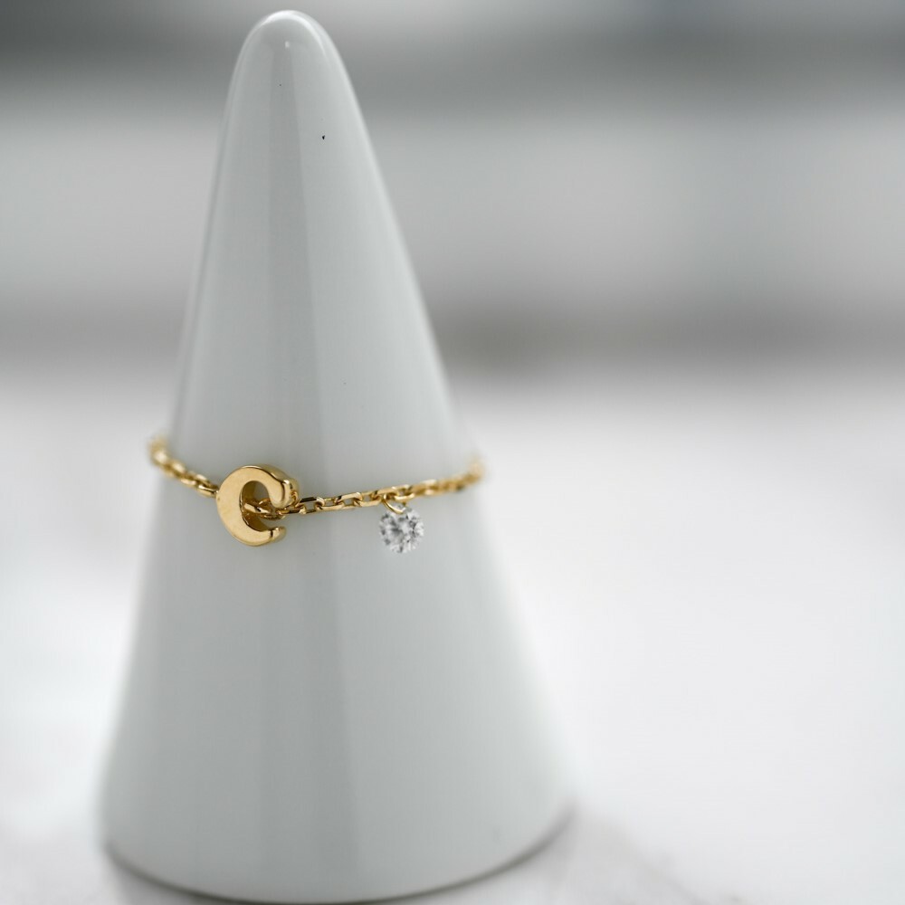18K Mini Initial With Hanging Diamond Chain Ring