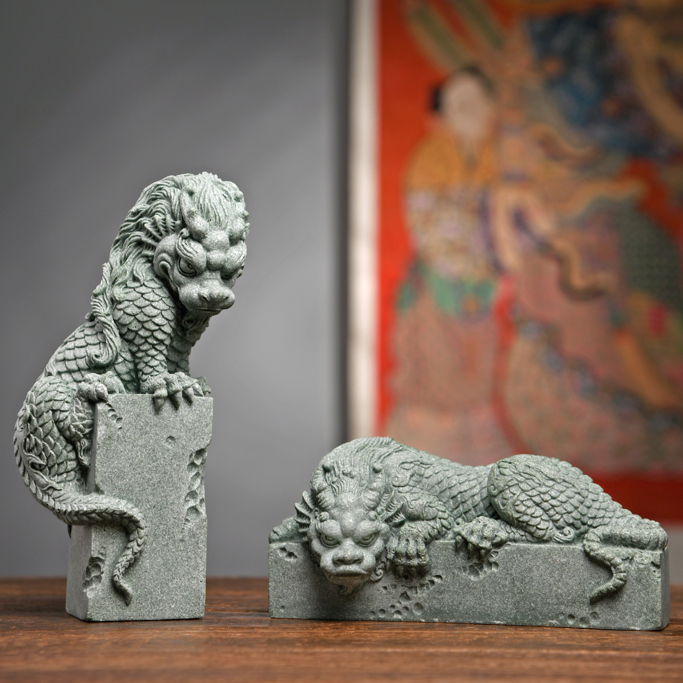 傳藝工坊- 『招財臨門Q版瑞獸盤龍柱』祥獸青砂石塑