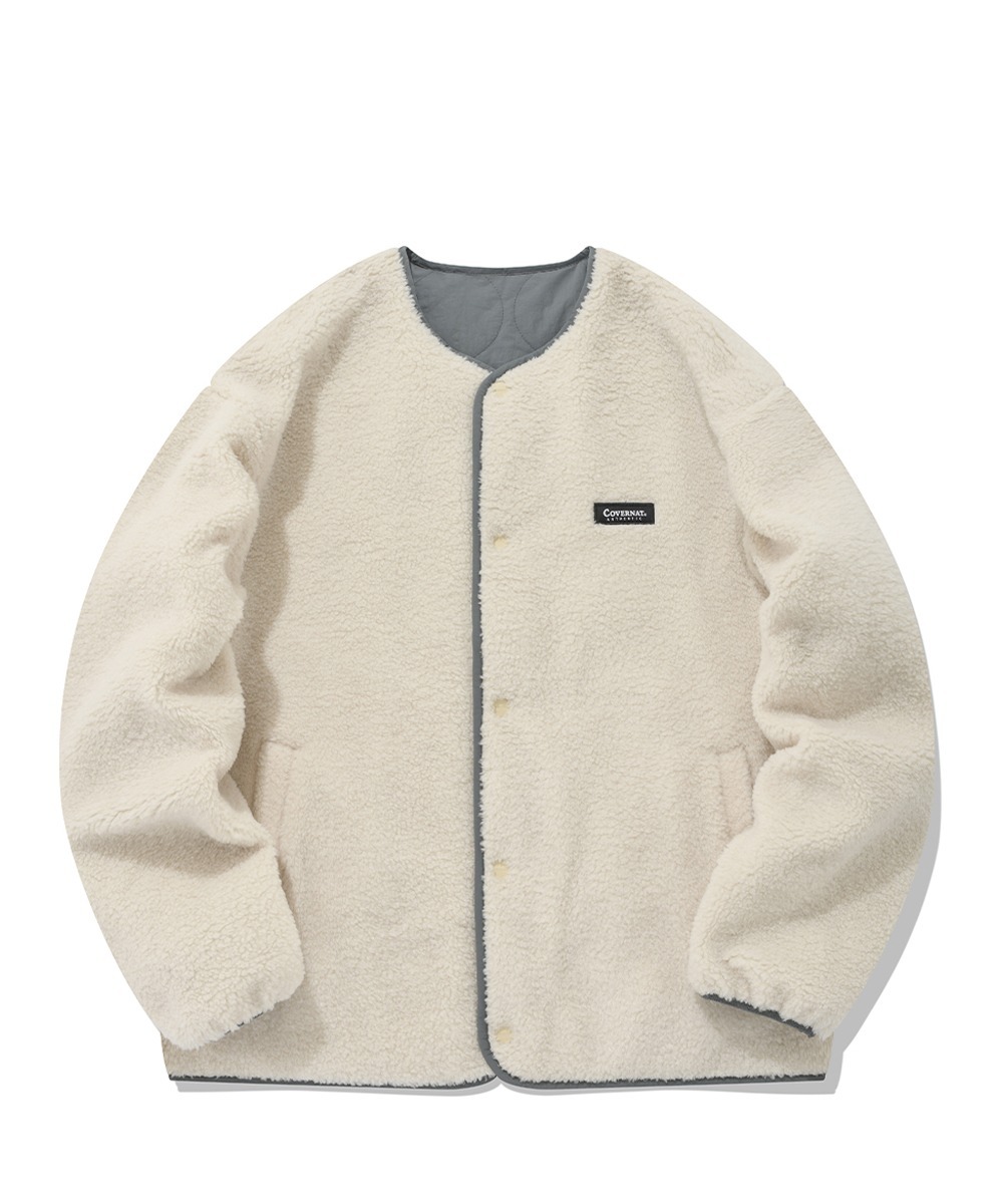 COVERNAT 雙面無領 羊羔毛 外套 夾克 象牙白/灰色