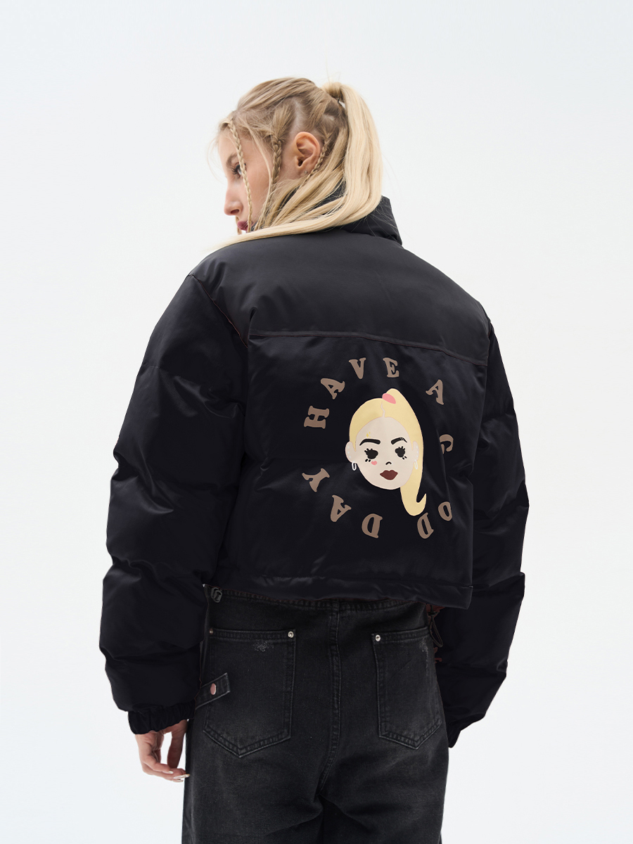 HARSH AND CRUEL 22FW 手繪卡通金髮捲毛小白人立領短款鋪棉外套 HN223040542