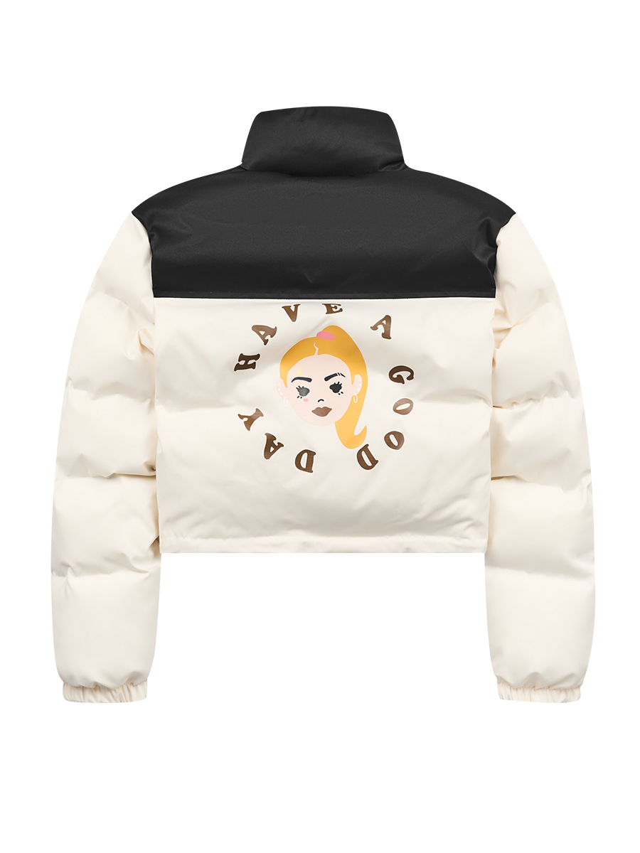 HARSH AND CRUEL 22FW 手繪卡通金髮捲毛小白人立領短款鋪棉外套 HN223040542