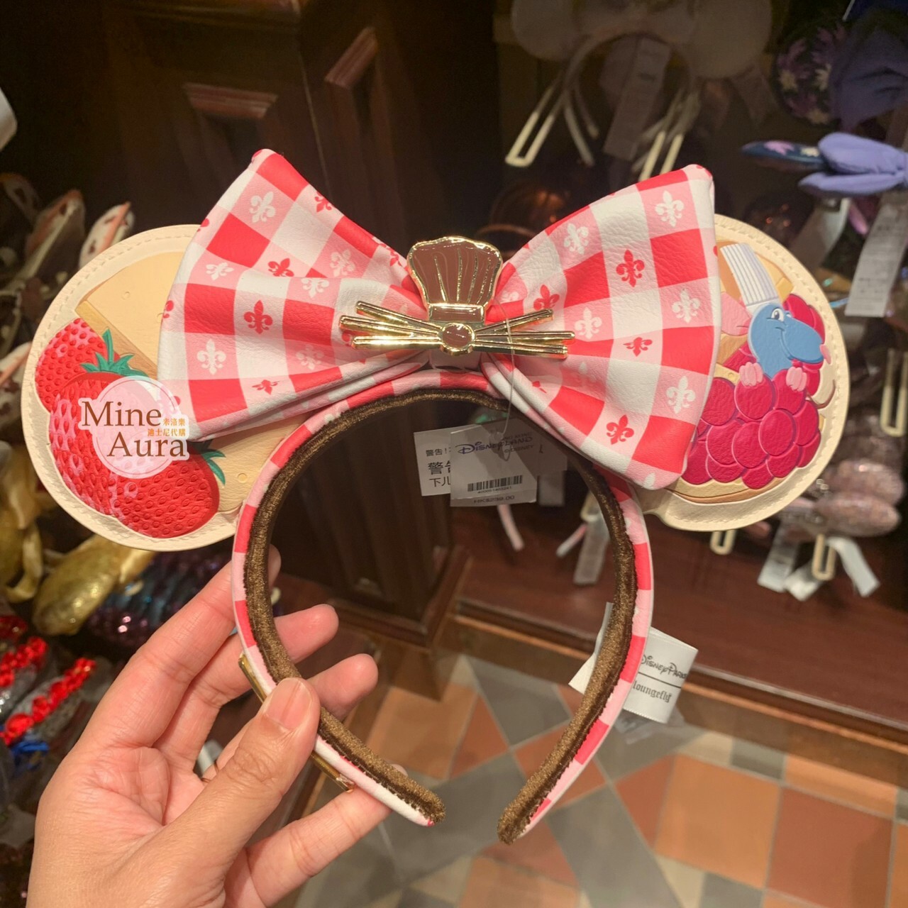 料理鼠王 Ratatouille 草莓格紋圖案 蝴蝶結 耳朵造型 皮質 髮圈 髮箍 -香港迪士尼樂園