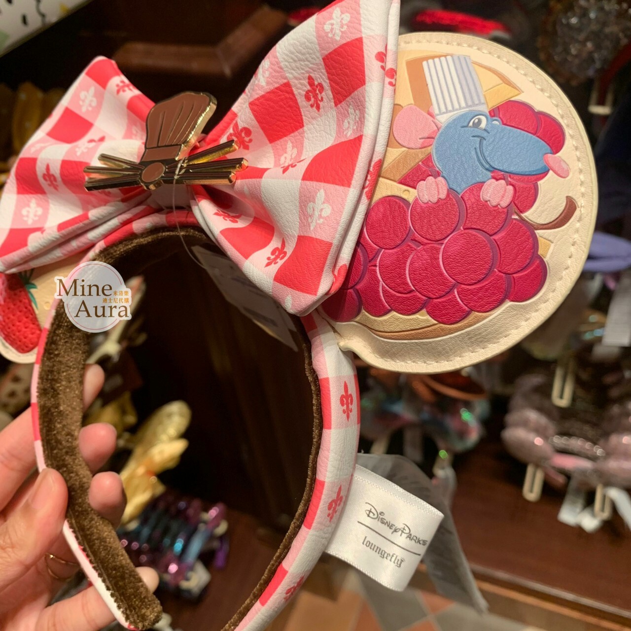 料理鼠王 Ratatouille 草莓格紋圖案 蝴蝶結 耳朵造型 皮質 髮圈 髮箍 -香港迪士尼樂園