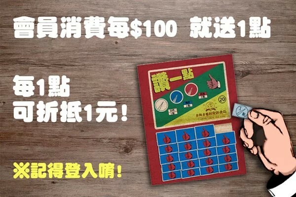 木頭桌面上有一個古早味綠豆糕抽抽樂，標題是「讚一點」。圖上文字：會員消費每$100就送1點，每1點可折抵1元！＊記得登入唷！