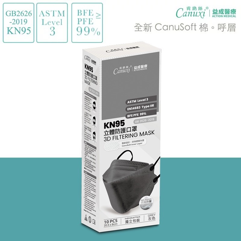 成人KN95 高透氣魚嘴型立體防護口罩 (灰色) (10片獨立包裝)