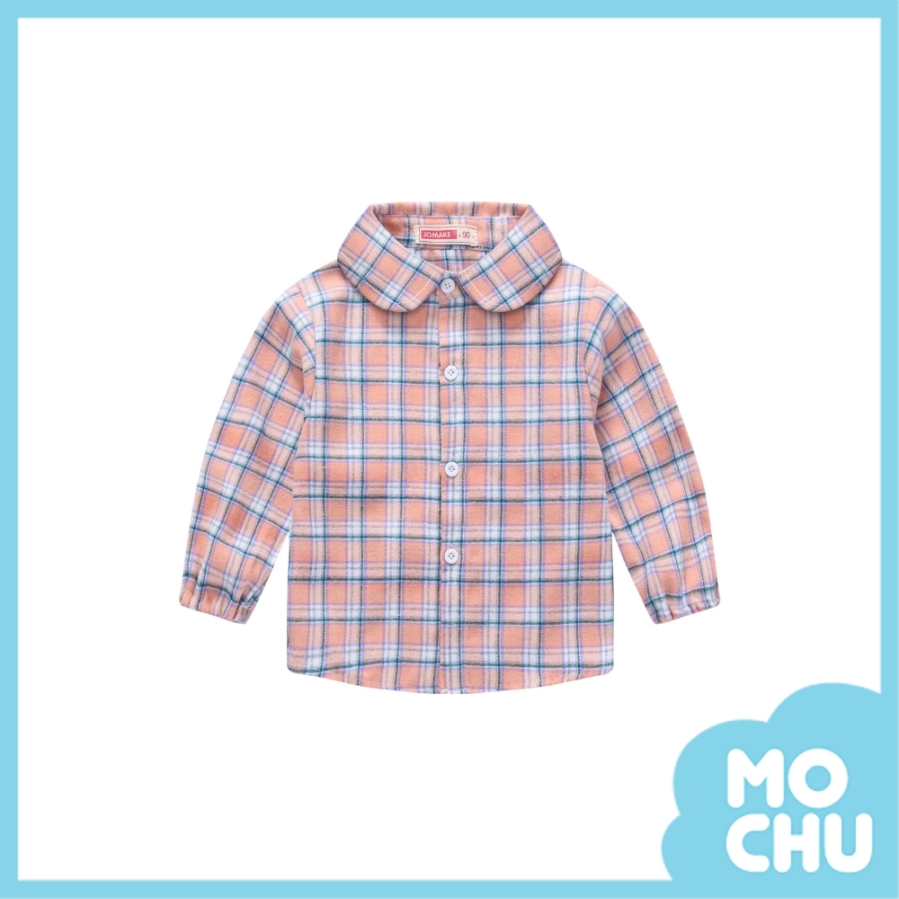 粉格子休閒長袖磨毛襯衫